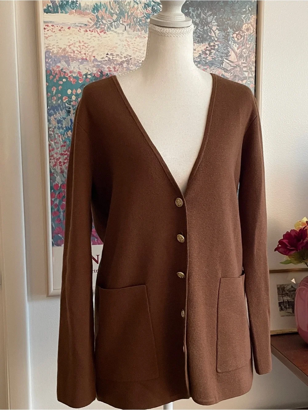 J.Crew Giselle Cardigan Womens XS Brown Buttons Nautical Preppy Quiet Luxury
